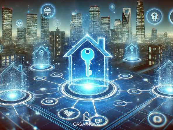 Representación gráfica del blockchain aplicado al sector inmobiliario, mostrando transacciones seguras y digitales.