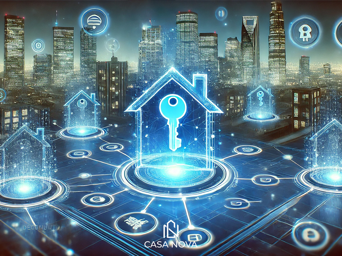 Representación gráfica del blockchain aplicado al sector inmobiliario, mostrando transacciones seguras y digitales.